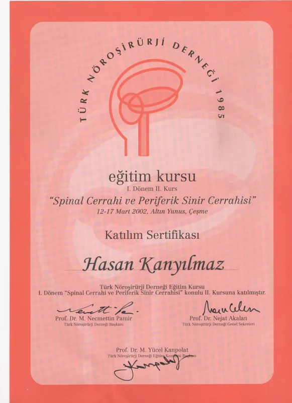 Eğitim Kursu, I. Dönem II. Kurs: Spinal Cerrahi ve Periferik Sinir Cerrahisi (Katılım Sertifikası) — Türk Nöroşirürji Derneği, 12-17 Mart 2002 (Altın Yunus, Çeşme)