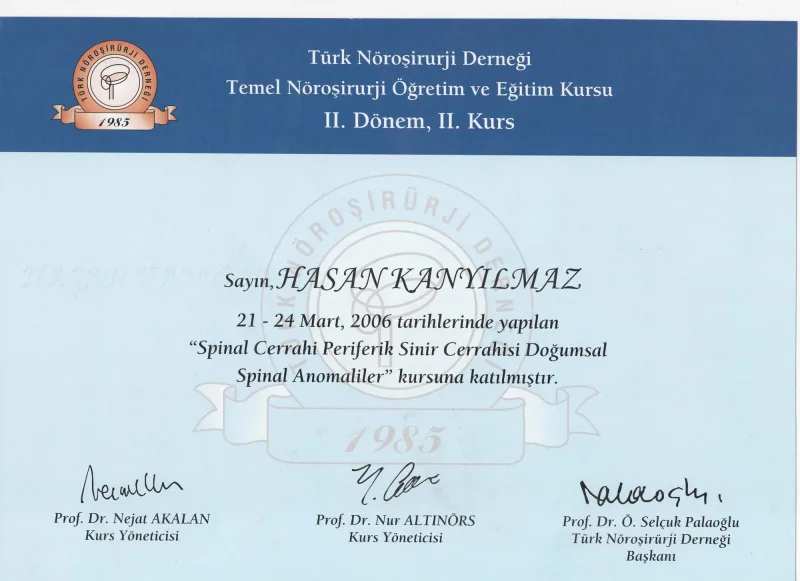 Temel Nöroşirürji Öğretim ve Eğitim Kursu, II. Dönem II. Kurs: Spinal Cerrahi, Periferik Sinir Cerrahisi, Doğumsal Spinal Anomaliler — Türk Nöroşirürji Derneği, 21-24 Mart 2006