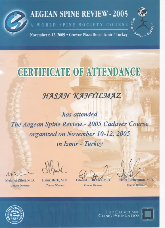 Aegean Spine Review 2005 Cadaver Course (Certificate of Attendance) — Ege Üniversitesi / World Spine Society / Cleveland Clinic Foundation, 10-12 Kasım 2005 (İzmir)
