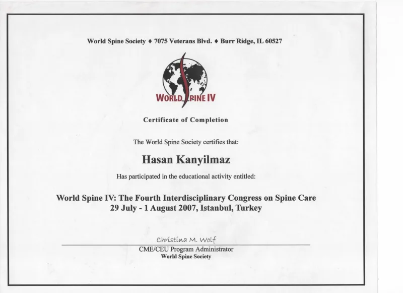 World Spine IV: The Fourth Interdisciplinary Congress on Spine Care (Certificate of Completion) — World Spine Society, 29 Temmuz - 1 Ağustos 2007 (İstanbul)
