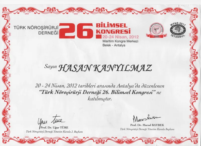 26. Bilimsel Kongresi — Türk Nöroşirürji Derneği, 20-24 Nisan 2012 (Antalya)