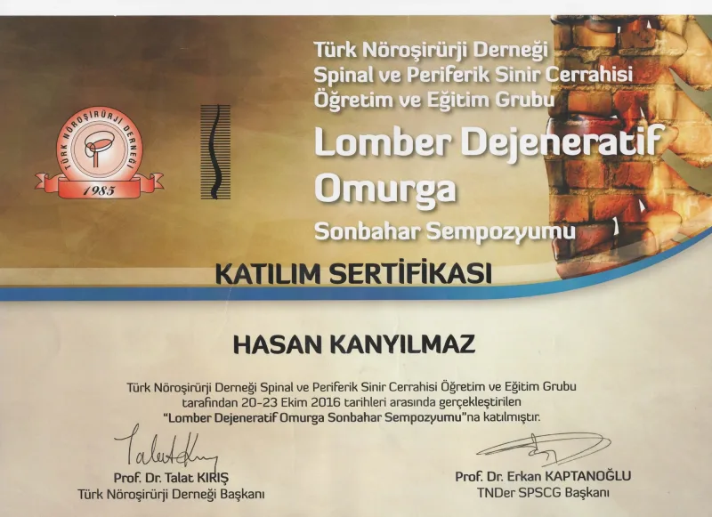 Lomber Dejeneratif Omurga Sonbahar Sempozyumu — Türk Nöroşirürji Derneği Spinal ve Periferik Sinir Cerrahisi Öğretim ve Eğitim Grubu, 20-23 Ekim 2016