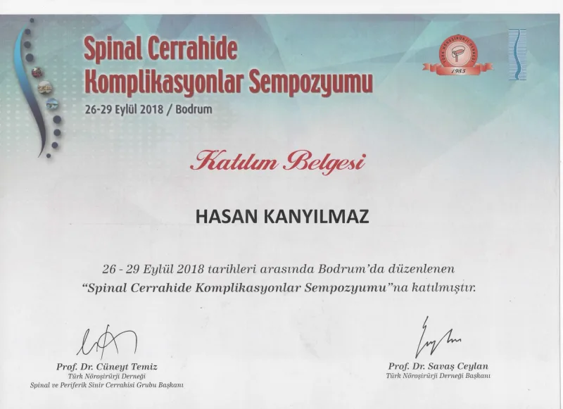 Spinal Cerrahide Komplikasyonlar Sempozyumu — Türk Nöroşirürji Derneği Spinal ve Periferik Sinir Cerrahisi Grubu, 26-29 Eylül 2018 (Bodrum)